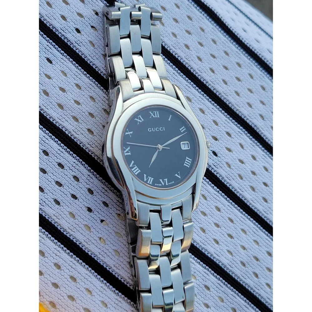 Gucci 5500M Black Stainless Steel Watch Swiss Quartz Roman Numeral Lrge Bracelet